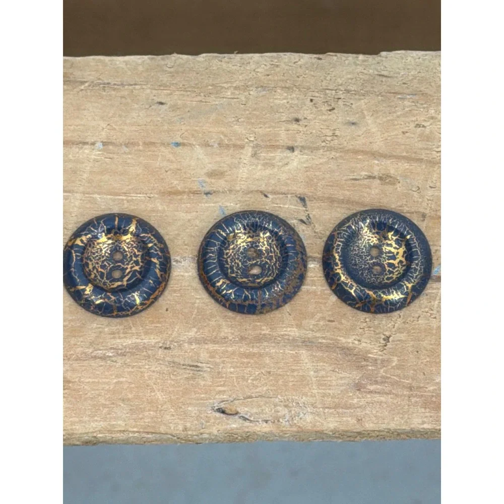 Vtg Navy Blue and Copper Tone Crackle Round Metal Buttons Set of 5 Two-Hole 18mm